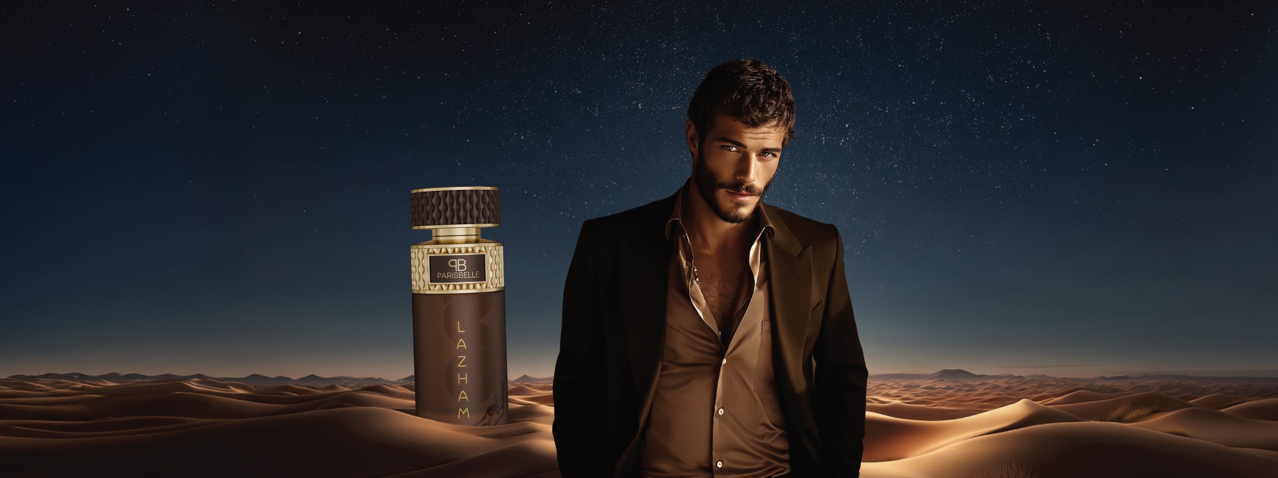 Man standing in a desert landscape with a bottle of cologne between them